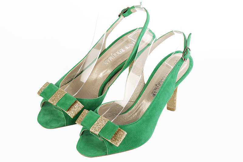 Emerald green women's slingback sandals. Square toe. High slim heel. Front view - Florence KOOIJMAN